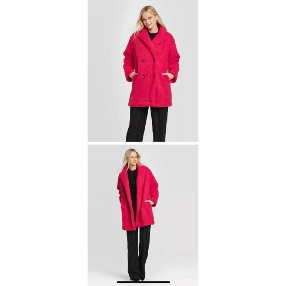 women’s coat pink long sleeves outwear knee length coat faux fur super cozy